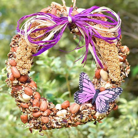 Bird Seed Wreath Tweet featuring a grapevine wreath coated in seeds and nuts, adorned with a butterfly and lavender raffia. Measures 6 inches in diameter.