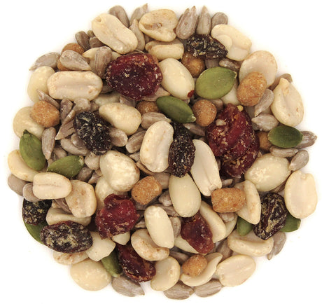 Duncraft Nuts & Bugs Wild Bird Seed, 5-lb bag, featuring a blend of split peanuts, sunflower chips, suet nuggets, and fruits, ideal for woodpeckers.