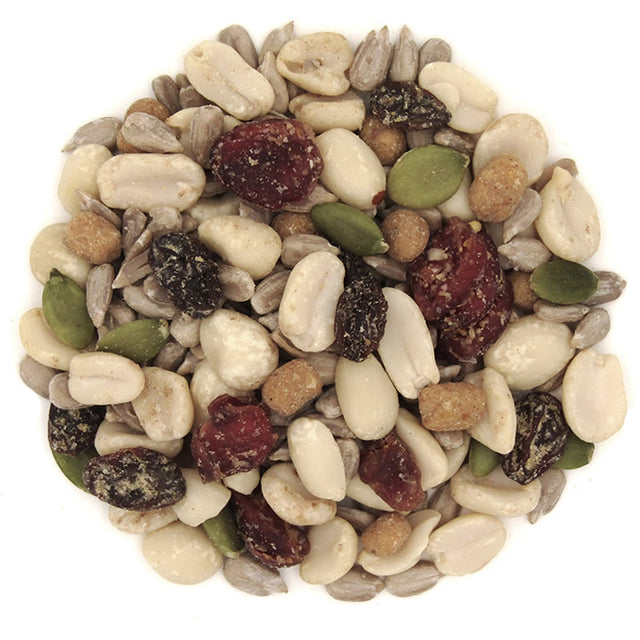 Duncraft Woodpecker Blend Wild Bird Seed, 5-lb bag, containing a mixture of nuts, seeds, suet nuggets, and dried fruits, ideal for no-waste bird feeding.