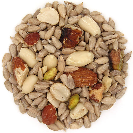 Duncraft Shell Free No-Millet Blend Wild Bird Seed, 5 or 20-lb bag, featuring a pile of sunflower chips, shelled peanuts, and tree nuts.