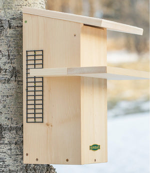 Duncraft Squirrel Den, a wooden birdhouse-style shelter on a tree with a sun porch, wire mesh ladder, and easy-clean front panel for baby squirrels.