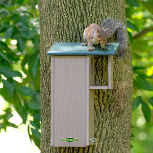 Duncraft Squirrel Eco House: A squirrel perched on a tan and green recycled plastic house with an eye hook for easy cleanout, mounted on a tree.