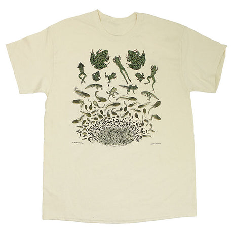 Frog Metamorphosis T-Shirt: white with a detailed graphic of frog metamorphosis, printed on 100% cotton, showcasing nature's magic and environmental sustainability.