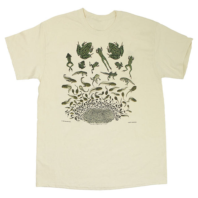 Frog Metamorphosis T-Shirt: white with a detailed graphic of frog metamorphosis, printed on 100% cotton, showcasing nature's magic and environmental sustainability.