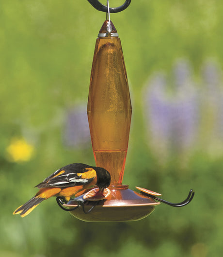 Faceted Oriole Feeder with amber glass, decorative orange slices, and three feeding stations, hanging outdoors, a bird perched feeding.