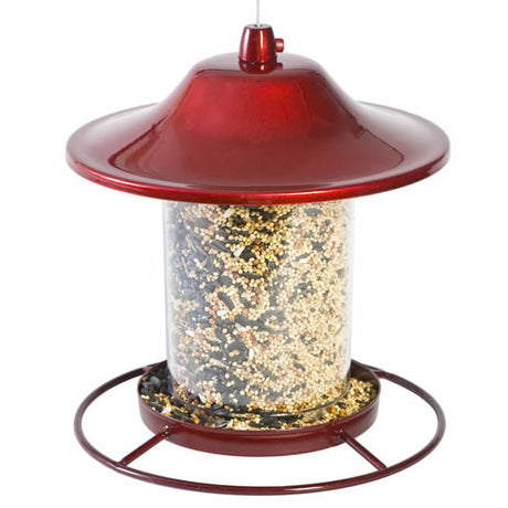 Sparkle Panorama Feeder with a red top, featuring a clear hopper, four feeding ports, and a Sure-Lock™ cap to keep out squirrels.