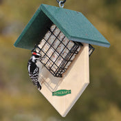 Double Woodpecker Suet Feeder with two suet baskets, wooden base, and overhanging roof. Ideal for woodpeckers, supports double-sided feeding and balance.