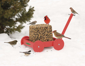 Duncraft Red Seed Block Wagon with birds perched on it, featuring wire grid flooring and a vinyl-coated base for air circulation.