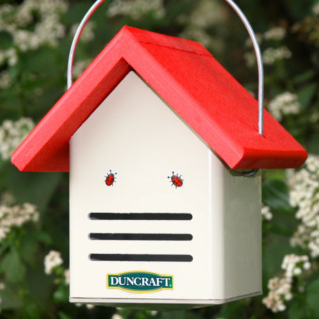 Duncraft Eco-Ladybug House with red roof, slotted openings, and decorative ladybugs, designed to attract beneficial insects and protect plants from pests.