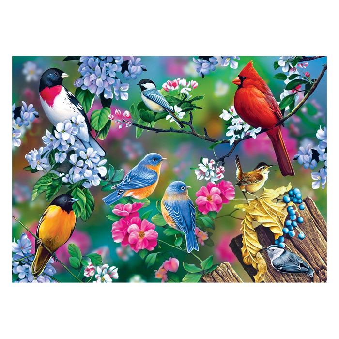 Audubon Songbird Collage 1000 Pc. Jigsaw Puzzle featuring various birds on branches, perfect for family assembly and printed on recycled material.