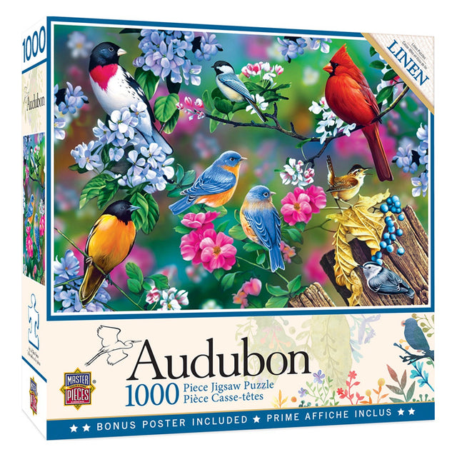 Audubon Songbird Collage 1000 Pc. Jigsaw Puzzle featuring various birds on branches, printed on recycled material. Sponsored by the National Audubon Society.