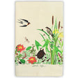 100% Cotton Tea Towel, Pond Life, featuring a bird on a branch with surrounding plants and flowers, designed by Mary Beth Owens.