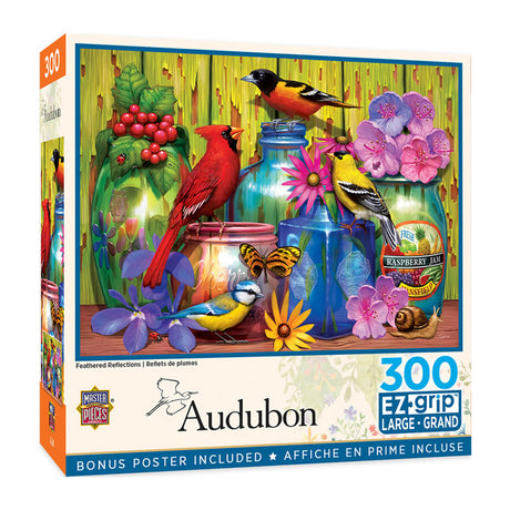 Audubon Feathered Reflections 300 pc. EzGrip Puzzle featuring birds and flowers from colorful vases, with a butterfly and snail. Eco-friendly, 18x24 inches, 300 pieces.