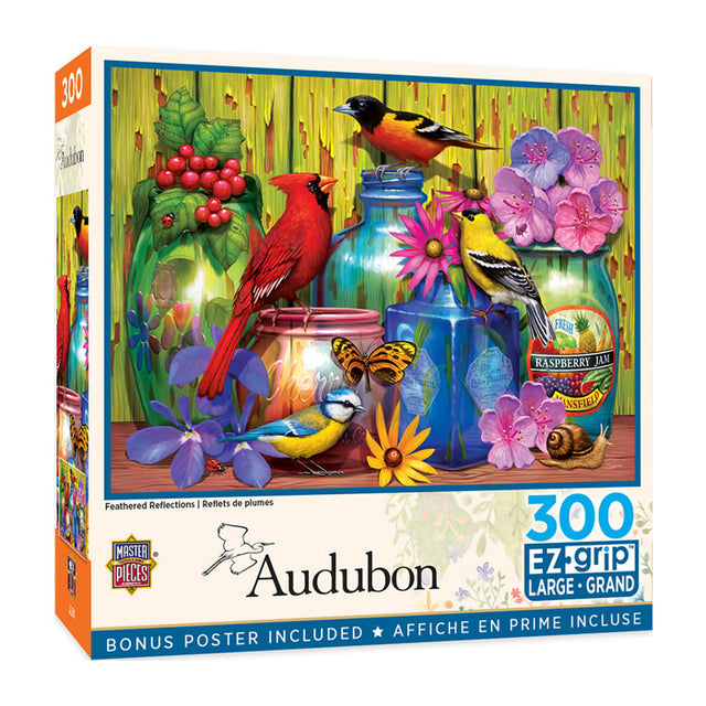 Audubon Feathered Reflections 300 pc. EzGrip Puzzle featuring birds and flowers from colorful vases, with a butterfly and snail. Eco-friendly, 18x24 inches, 300 pieces.