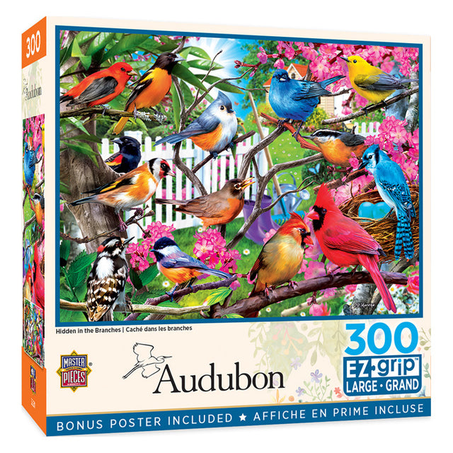 Audubon Hidden in the Branches 300 pc. EzGrip Puzzle featuring various birds on branches, perfect for family fun, made from recycled materials.