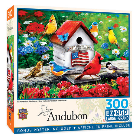 Audubon An American Birdhouse, 300 pc. EzGrip Puzzle, featuring colorful songbirds around a quaint birdhouse with bright wildflowers. Includes a free guide poster.