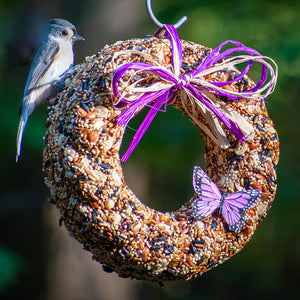 Wildfare Wreath with bird perched on feeder; features safflower, peanuts, tree nuts, sunflower, and millet, decorated with butterfly and raffia, 9 x 3 inches.