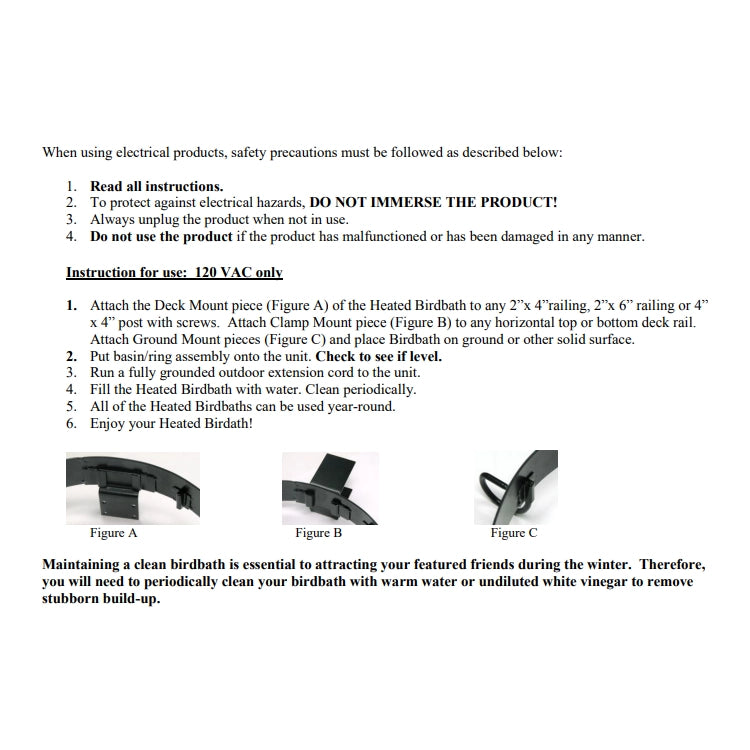 All Season 3 in 1 Heated Birdbath manual page detailing installation methods, safety precautions, and cleaning tips, with images of mounting options and key product features.