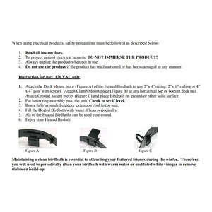 All Season 3 in 1 Heated Birdbath manual page detailing installation methods, safety precautions, and cleaning tips, with images of mounting options and key product features.