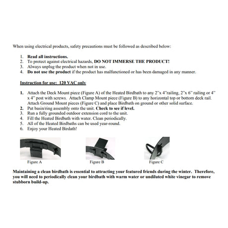 All Season 3 in 1 Heated Birdbath manual page detailing installation methods, safety precautions, and cleaning tips, with images of mounting options and key product features.