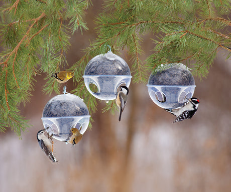 Duncraft Cling-A-Wing, Set of 3, featuring globe-shaped bird feeders with multiple feeding ports, perfect for attracting smaller birds while deterring larger ones.