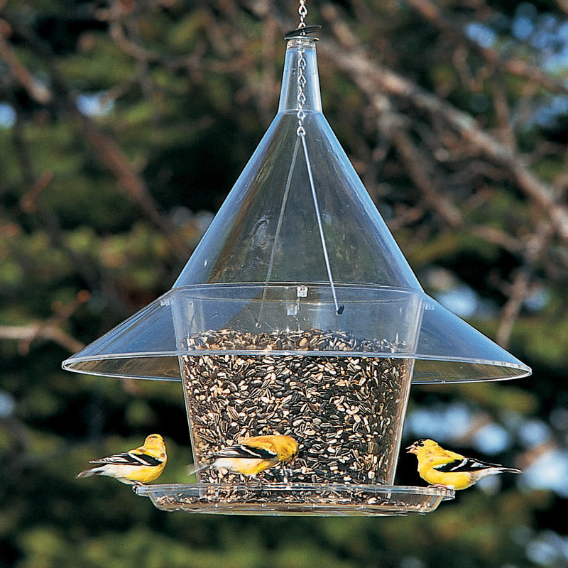 Arundale Sky Cafe Feeder with birds perched and feeding, features a spacious seed tray and a see-through hopper, prevents squirrels from accessing the seeds.