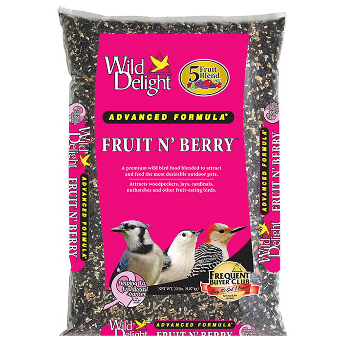 Wild Delight Fruit N' Berry Wild Bird Seed, 5-lb bag, showcasing a mix of seeds and dried fruits, designed to attract various bird species.