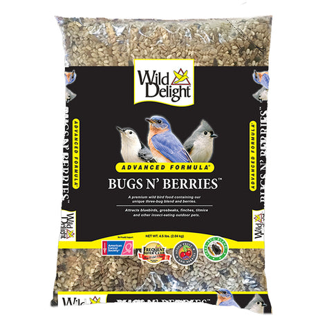 Wild Delight Bugs N' Berries Wild Bird Seed, 4.5-lb bag, featuring sunflower kernels, dried insects, and fruits for attracting a variety of birds.