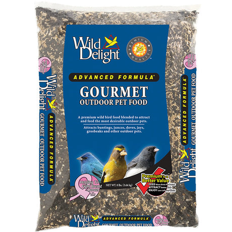 Wild Delight Gourmet Outdoor Wild Bird Seed, 8-lb bag, featuring premium seed blend with sunflower seeds, millet, peanuts, and safflower. Bag shows birds.