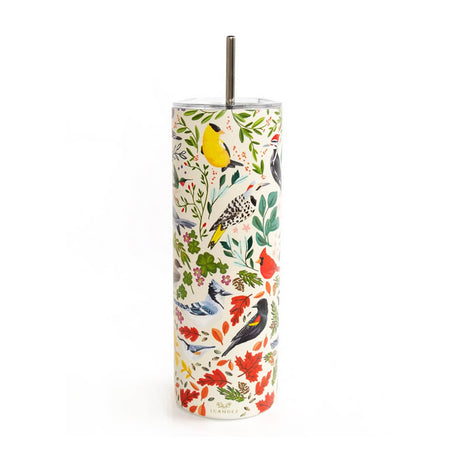 Wild Birds Tumbler featuring hand-painted bird design, stainless steel double wall, and matching straw for stylish, temperature-controlled drinking. Dishwasher safe.