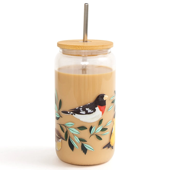 Feathered Friends Birds Glass Can: A 16 oz. glass cup with a hand-painted bird design, bamboo lid, and straw, perfect for hot or cold beverages.