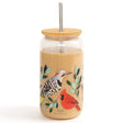 Feathered Friends Birds Glass Can: 16 oz glass jar with bird design, bamboo lid, and straw for hot or cold beverages.