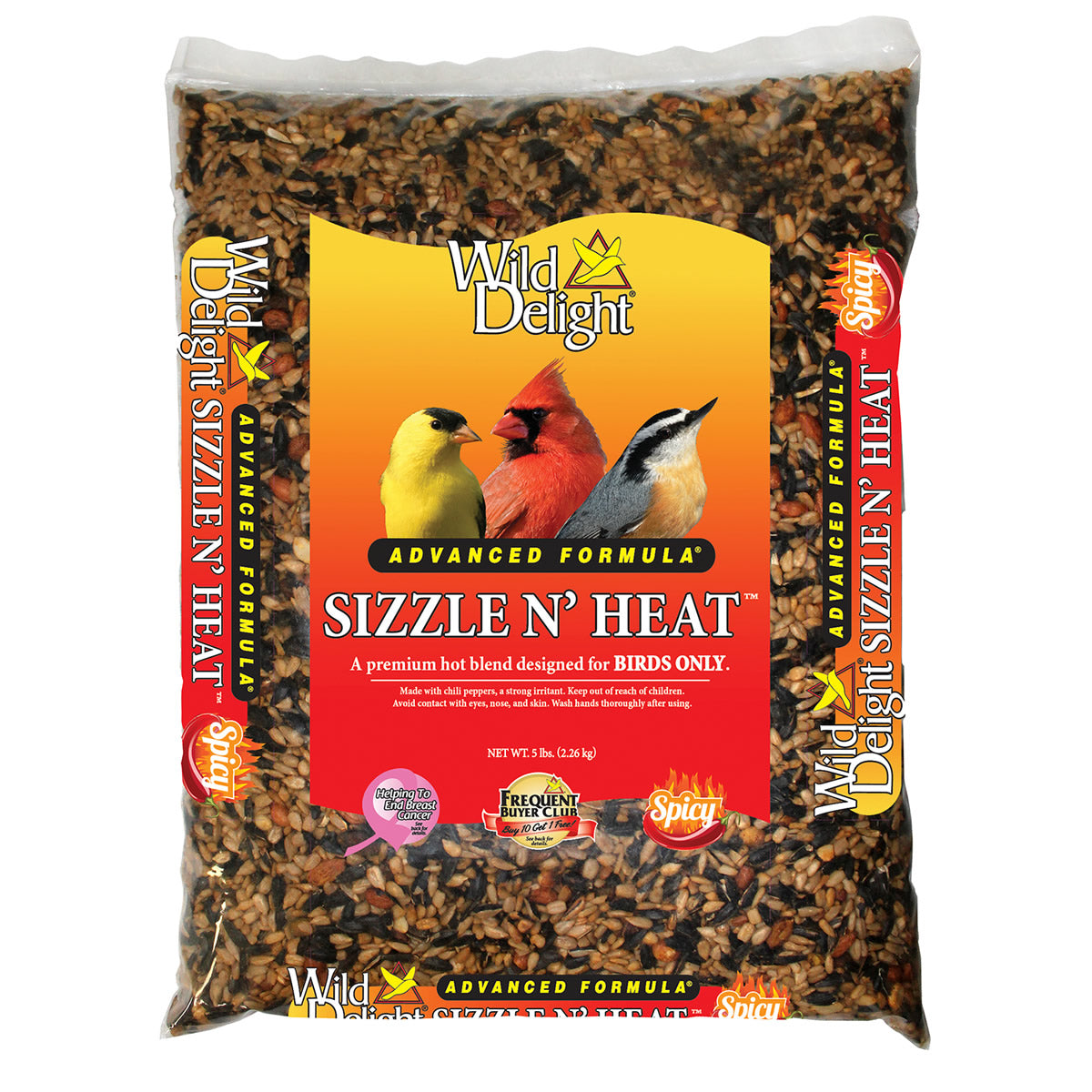 Wild Delight Sizzle N' Heat Wild Bird Seed, 5-lb bag, featuring a premium spicy chili seed mix to attract birds and repel squirrels.