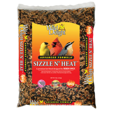 Wild Delight Sizzle N' Heat Wild Bird Seed, 5-lb bag, featuring a premium spicy chili seed mix to attract birds and repel squirrels.