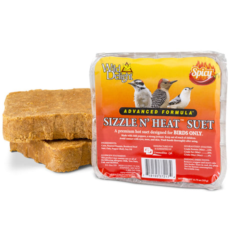 Wild Delight Sizzle N' Heat Suet Cakes package with bird close-ups, featuring spicy suet cakes that attract birds and repel squirrels, available in sets of 4 or 12.