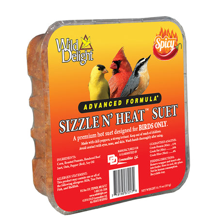 Wild Delight Sizzle N' Heat Suet Cakes in a plastic container, designed to attract birds and repel squirrels with spicy chili peppers and hulled peanuts.