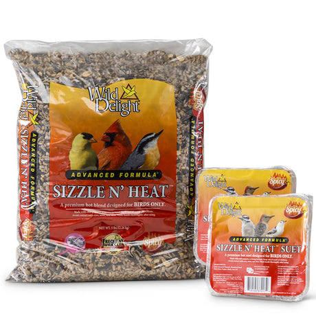 Wild Delight Sizzle N' Heat Wild Bird Seed, 5-lb bag & Suet Cakes, featuring spicy chili peppers to repel squirrels, with visible bird seed and suet cakes.