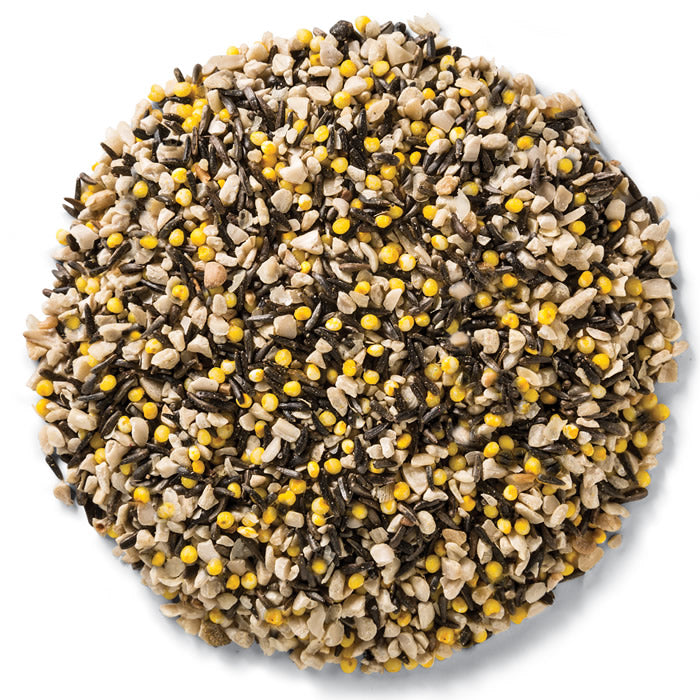 Wild Delight Golden Finch Wild Bird Seed, 5-lb bag, showing a mixture of seeds including sunflower kernels, Nyjer® seed, and hulled millet.