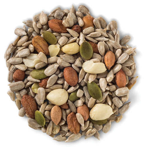 Wild Delight Deck, Porch N' Patio Wild Bird Seed, 5-lb bag, featuring a mix of sunflower kernels, peanuts, pistachios, and hulled pumpkin seeds for no-waste feeding.