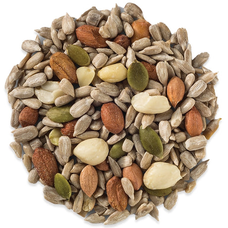 Wild Delight Deck, Porch N' Patio Wild Bird Seed, 20-lb bag, featuring a mix of sunflower kernels, peanuts, pistachios, and hulled pumpkin seeds for no-waste feeding.