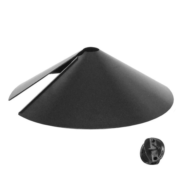 15 Wrap-Around Squirrel Baffle, cone-shaped with a screw, designed to prevent squirrels from climbing bird feeder poles, featuring an easy wraparound assembly.