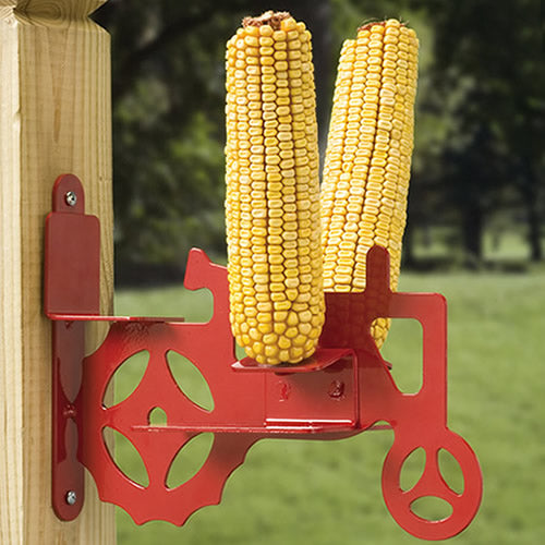 Tractor Corn on the Cob Feeder, featuring two corn cobs, designed to attract and entertain squirrels while keeping them away from bird feeders.