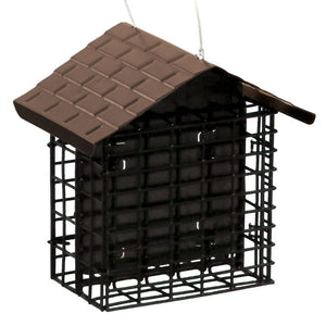 Two Cake Suet Buffet: A bird feeder with a roof, designed for woodpeckers and nuthatches to feed from both sides of the wire grid.