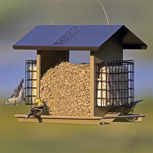 Hopper Feeder with Suet Cages featuring a peaked roof, central seed chamber, and side suet cages, attracting songbirds feeding from various positions.