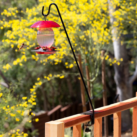 Clamp-On Deck Hook holding a red-topped hummingbird feeder, attached to a railing. A hummingbird hovers nearby, demonstrating the hook's bird-watching utility.