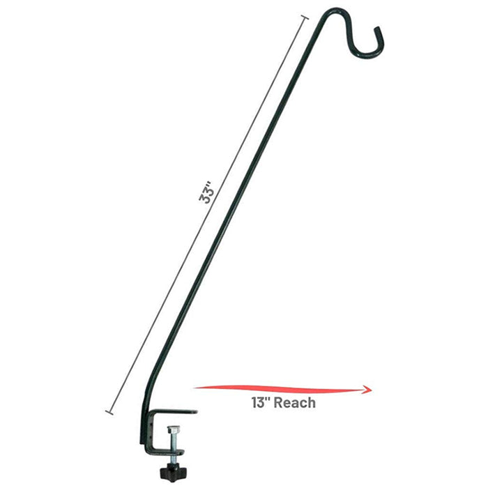 Clamp-On Deck Hook with black handle and metal hook, ideal for hanging bird feeders on railings up to 2 inches thick.