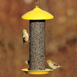 Finch Screen Feeder with birds feeding, features metal mesh, seed diverter, hanging loop, and perching tray. Ideal for attracting goldfinches.