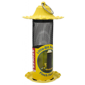 Little Bit Finch Feeder with a yellow lid and mesh openings, featuring a hanging loop, seed catch tray, and designed for easy filling and cleaning.