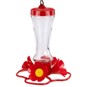 Impatiens Hummingbird Feeder with a clear glass reservoir and red lid, featuring four flower-shaped feeding ports and a wraparound perch for easy feeding.