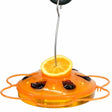 3 in 1 Oriole Saucer Feeder with orange cover, clear plastic dish, and metal hanging hook, shown close up with a piece of fruit.